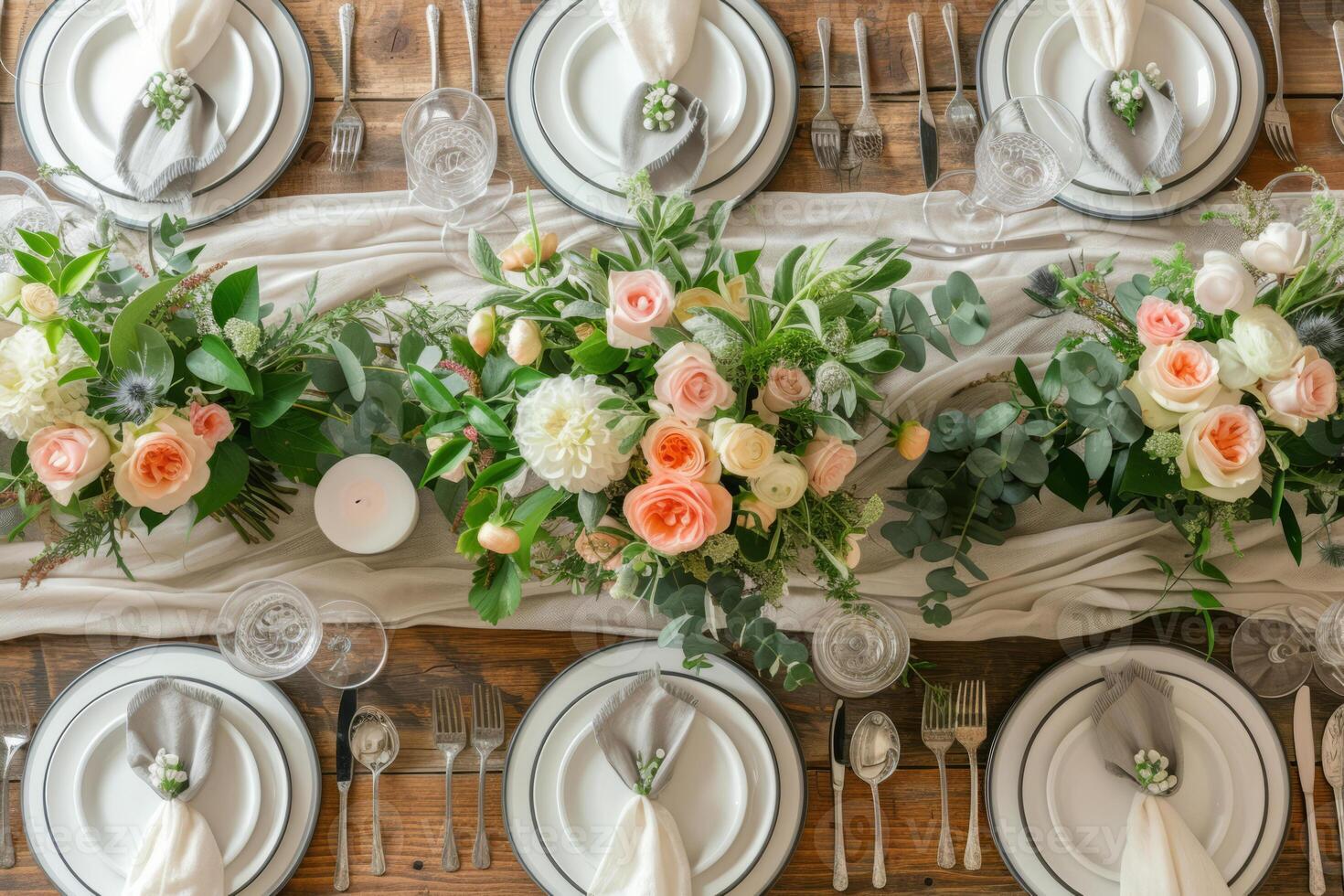 AI generated Table settings with floral arrangement. Special event table set up. Fresh flower decoration. Generative AI photo