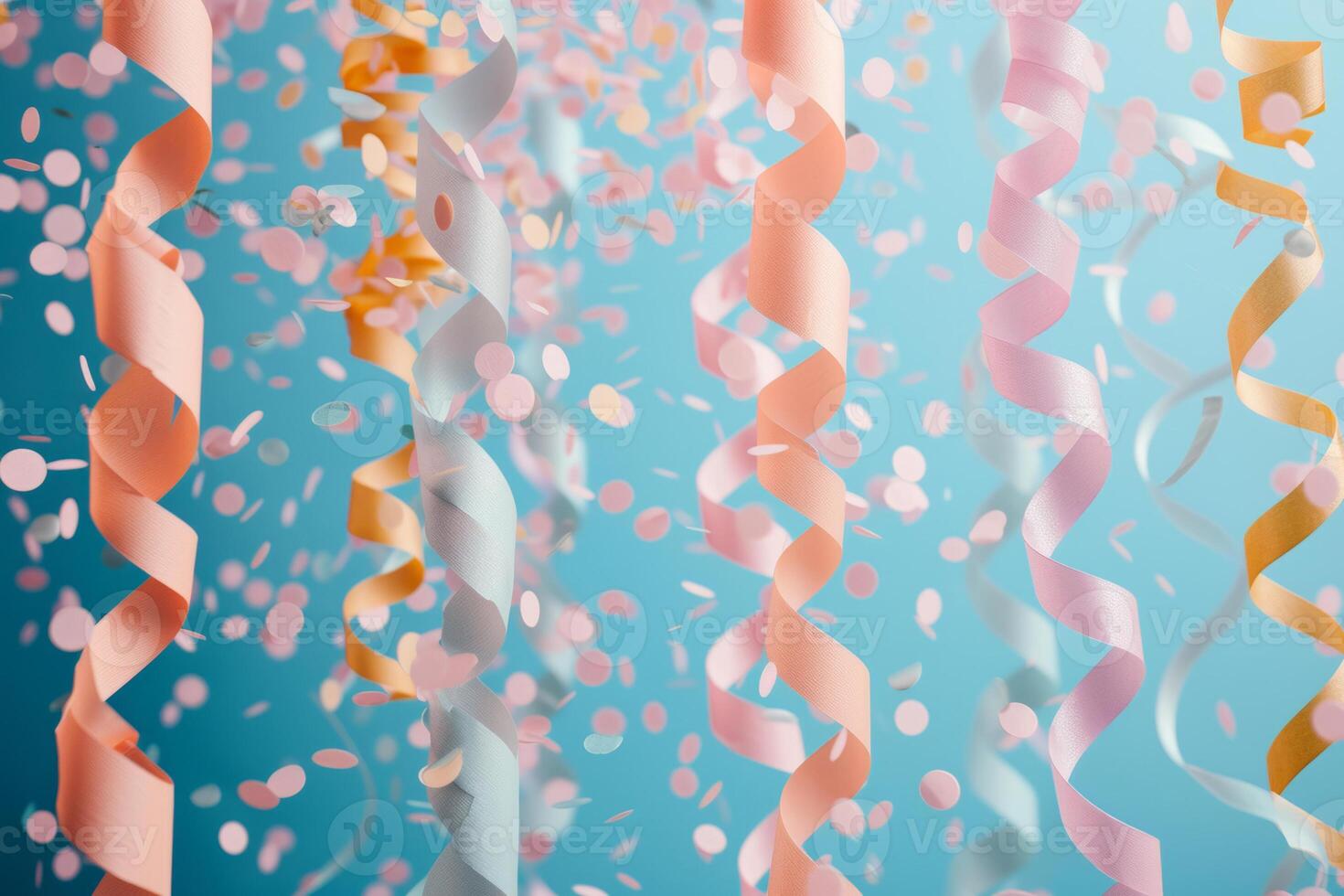 AI generated Festive party or carnival background with coiled streamers and confetti. Generative AI photo