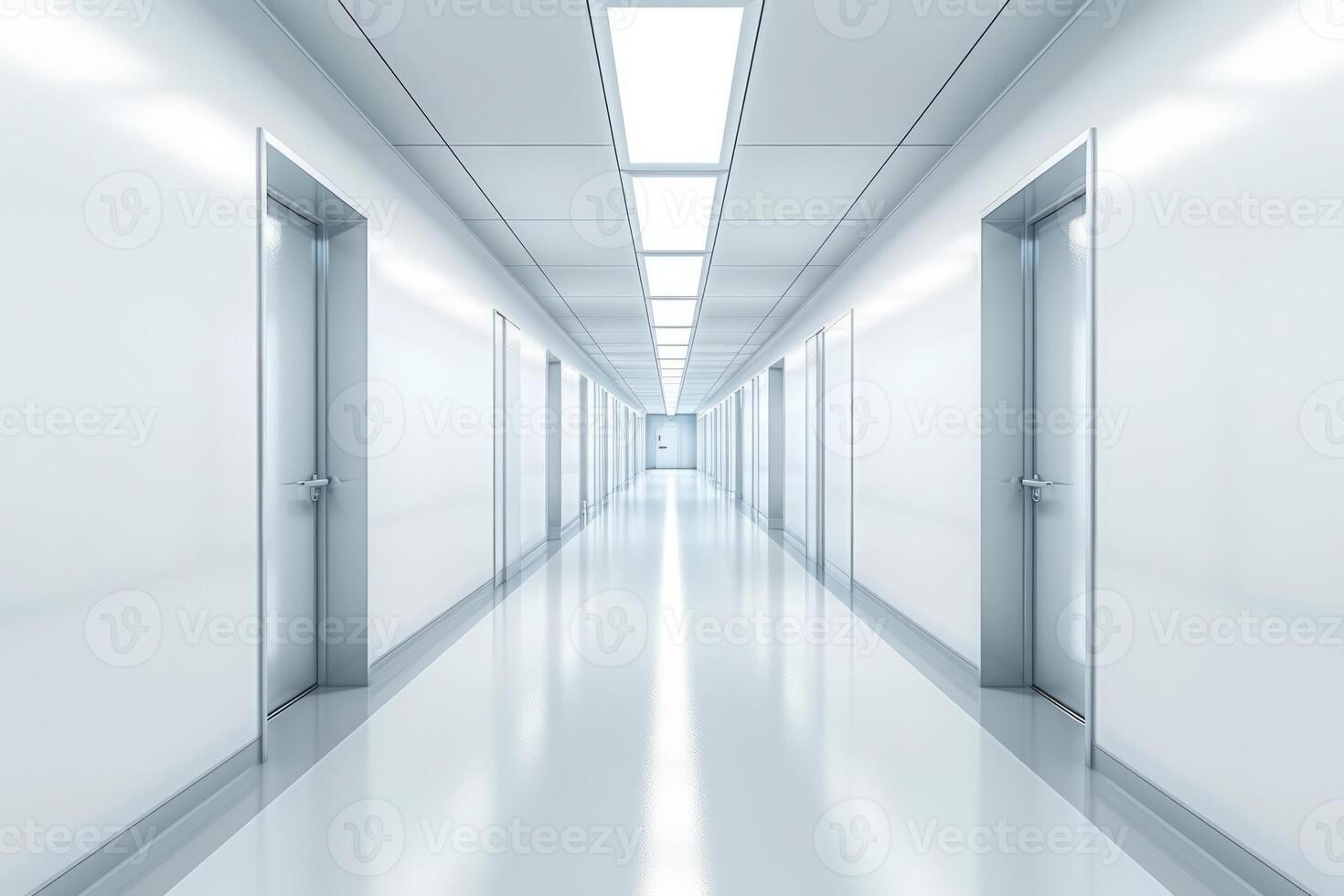 AI generated Long bright corridor in scientific laboratory building. Clean white hallway. Generative AI photo