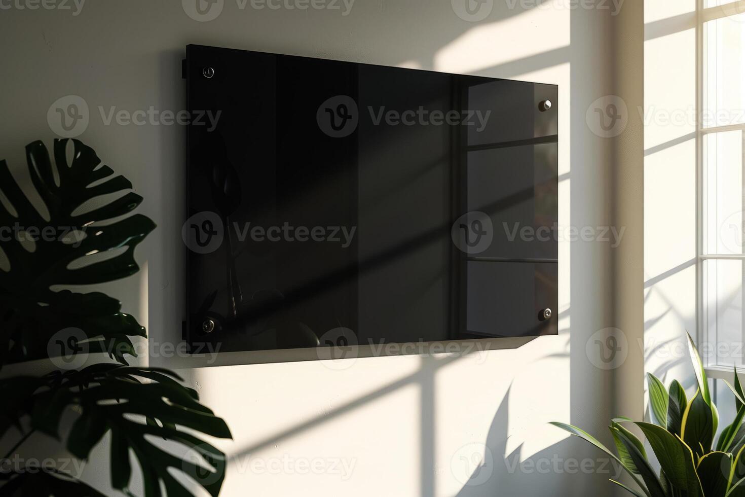 AI generated Blank black glass signboard on wall mockup. Empty hanging plexiglass name plate mockup. Clear dark namesign on wall for corporate or store. Generative AI photo