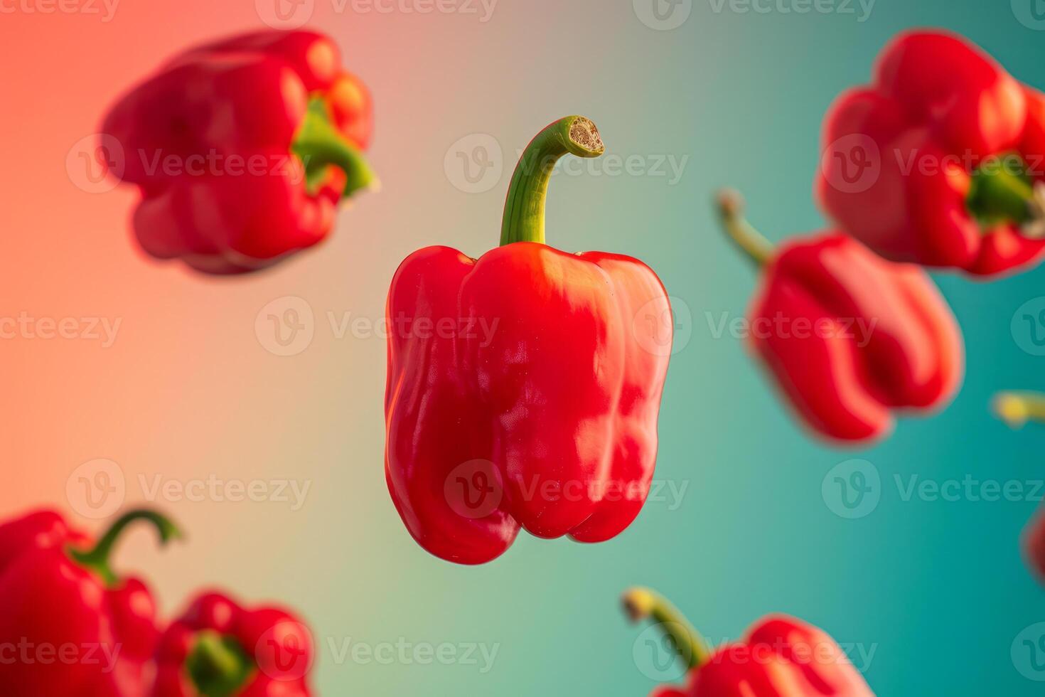 AI generated Ripe red peppers floating in the air. Generative AI photo
