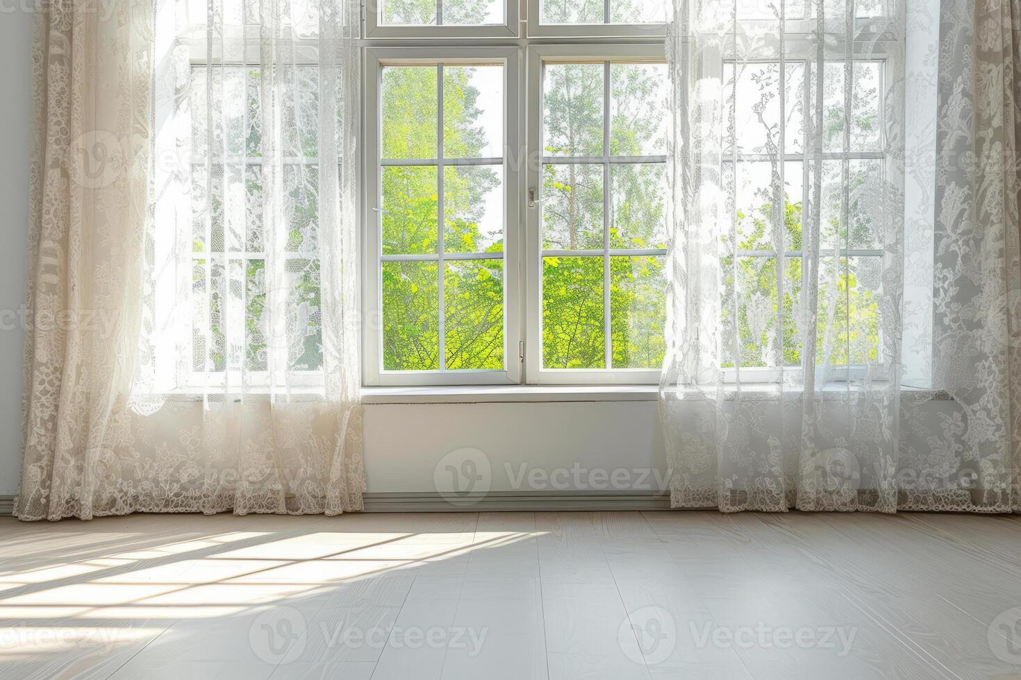 AI generated Large window with white lace curtains. Sunlight streaming through white lace curtains. Generative AI photo