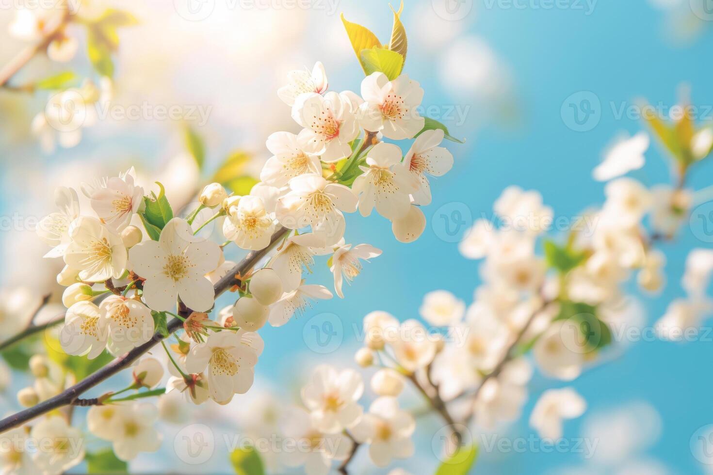AI generated Spring banner with branches of blossoming cherry on blue sky background. Generative AI photo