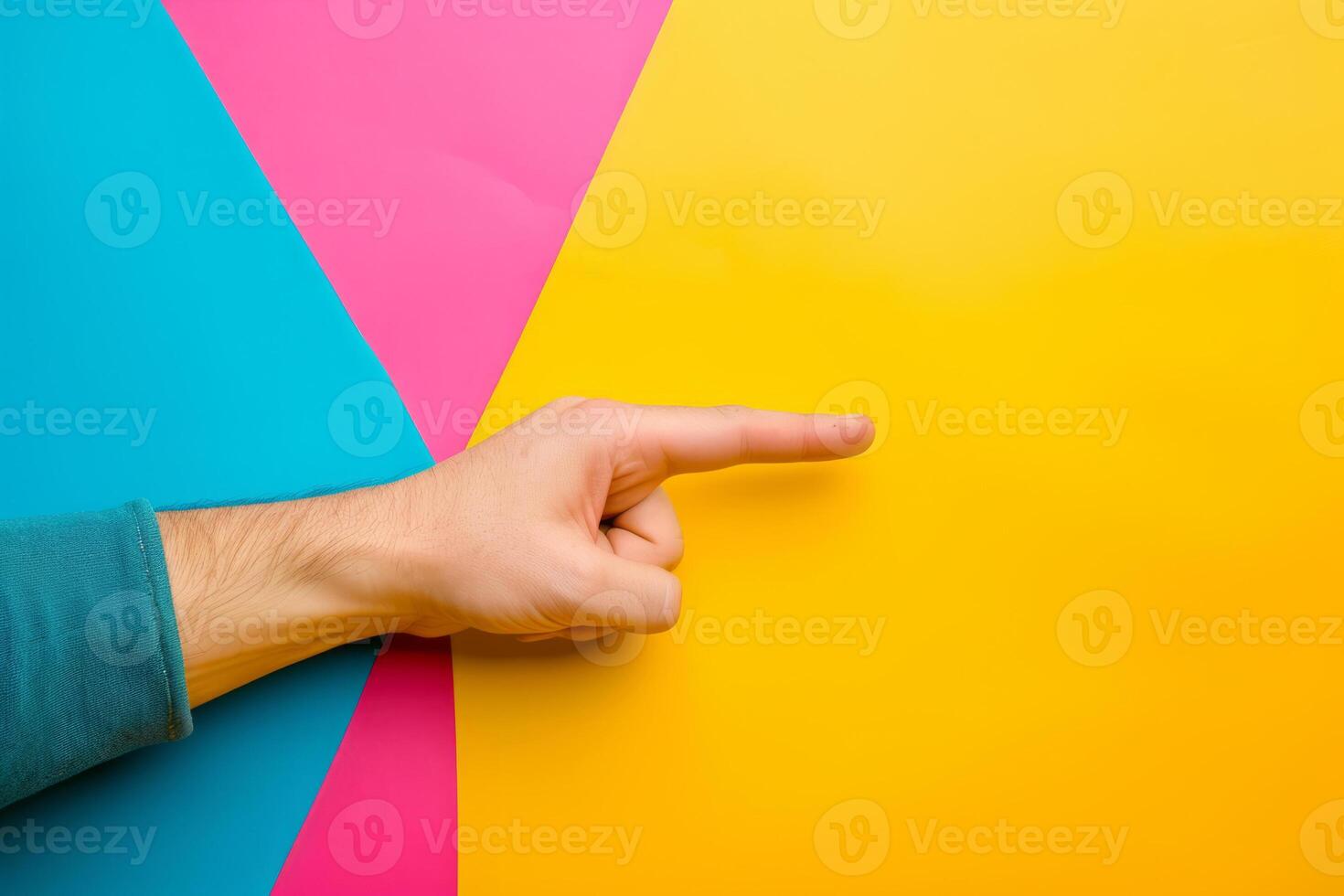 AI generated Man's finger point to empty space on colorful background. Generative AI photo