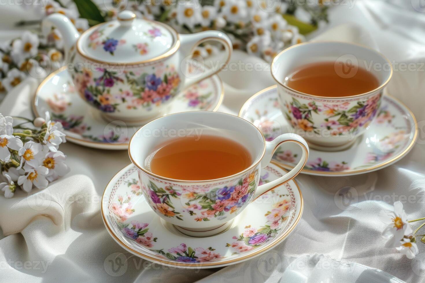 AI generated Tea set with floral dishware and flowers. Generative AI photo