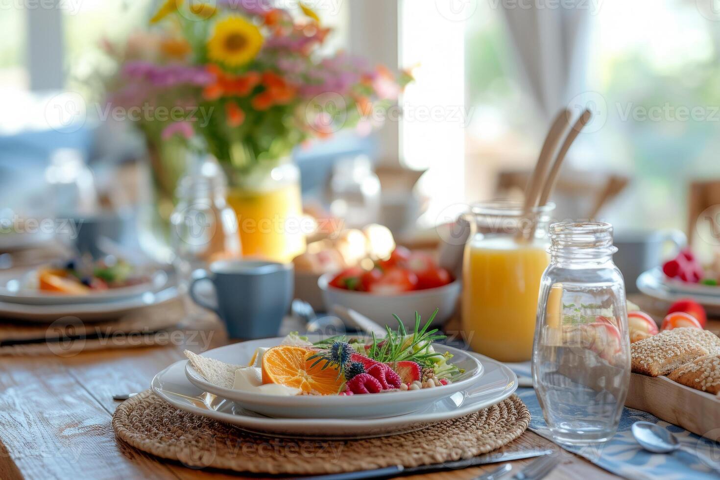 AI generated Closeup of a beautifully set brunch table with colorful dishes. Generative AI photo