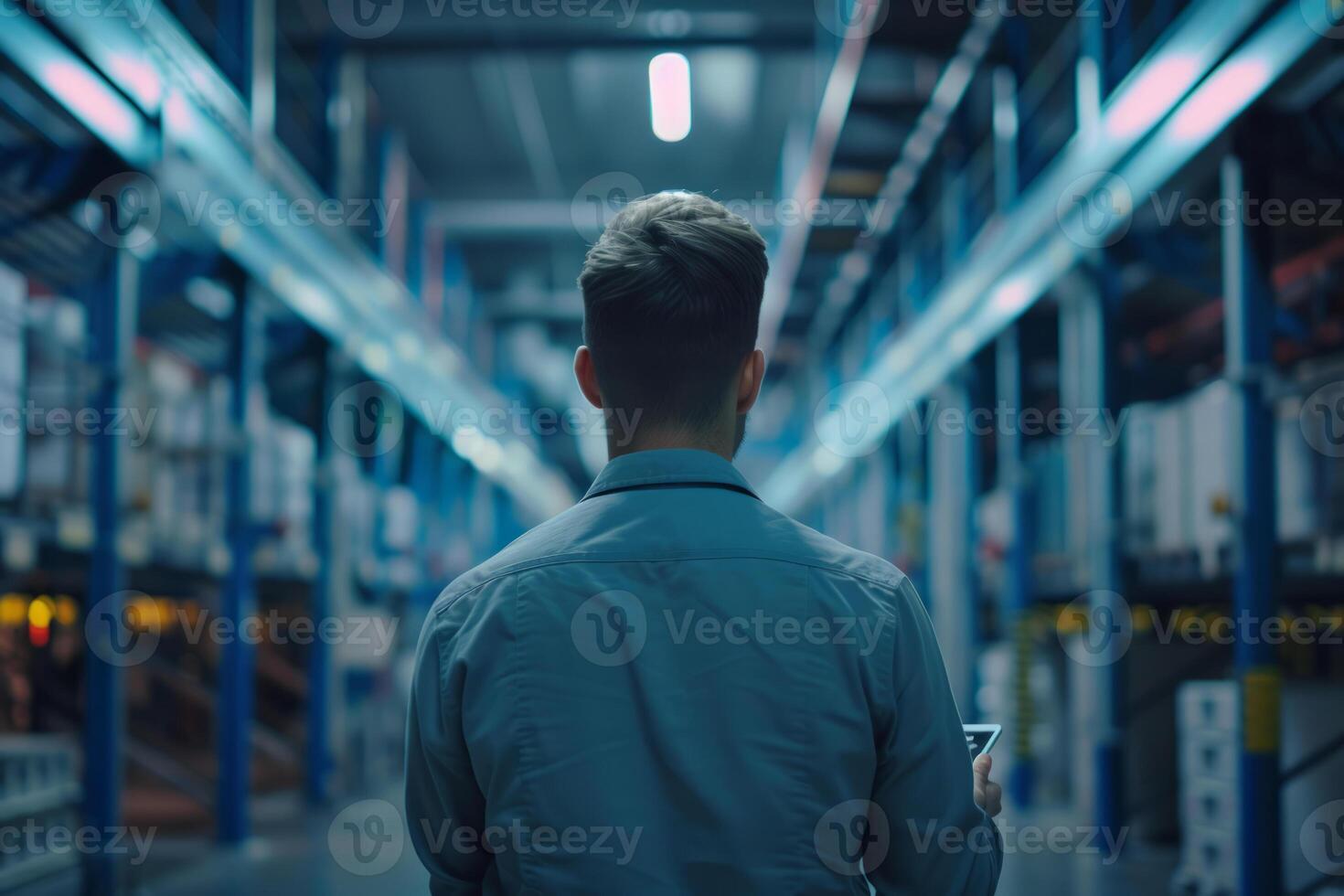 ai generado espalda ver de hombre en un moderno fábrica con un tableta en su manos. trabajador en industrial ambiente. generativo ai foto