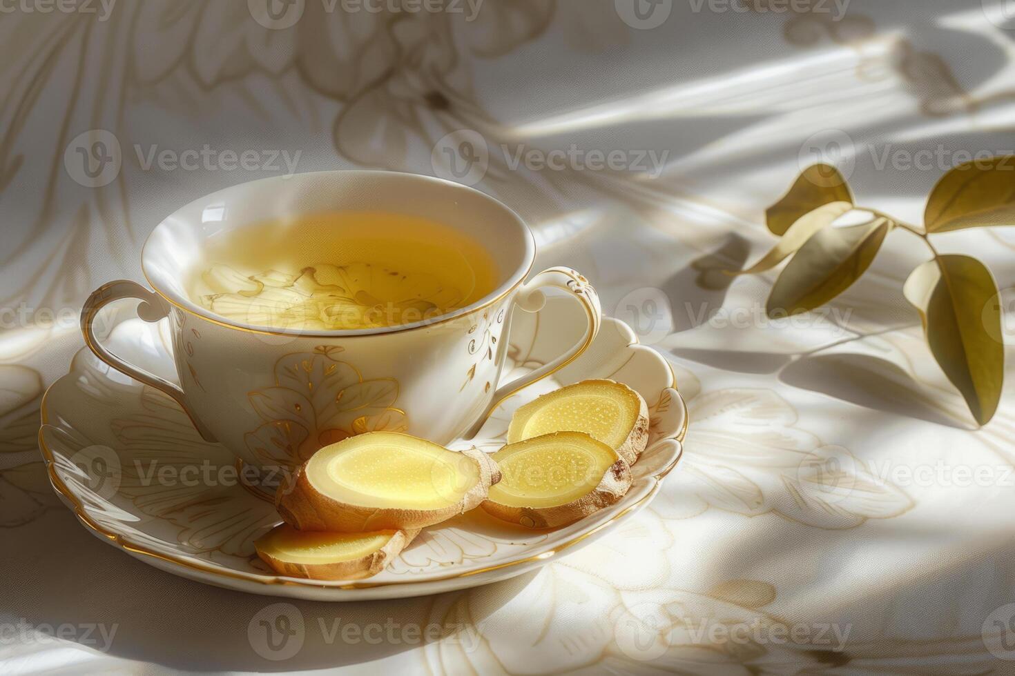 AI generated Ginger tea in ceramic cup with ginger root on sunny light background. Generative AI photo