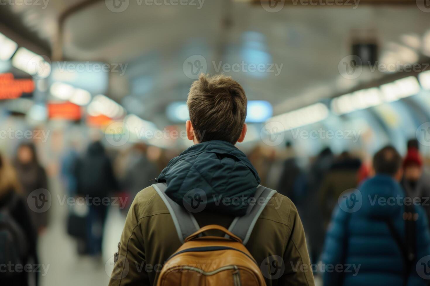 AI generated Back view of man standing at busy subway with blurred background. Generative AI photo