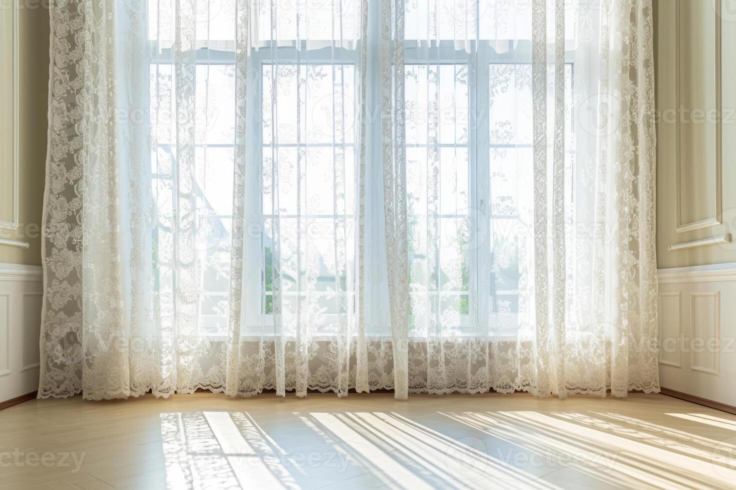 AI generated Large window with white lace curtains. Sunlight streaming through white lace curtains. Generative AI photo