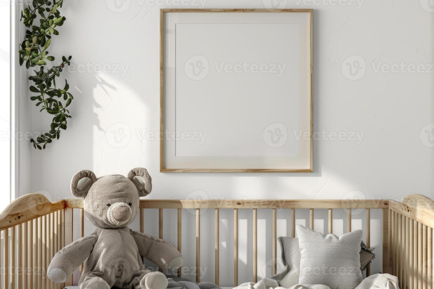 AI generated Cozy crib with decorative cushions standing in cute baby room with posters. Generative AI photo