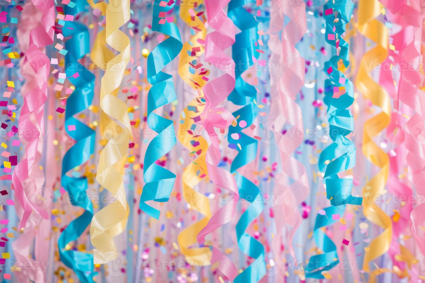 AI generated Birthday party decorations. Streamers, banners and confetti. Generative AI photo