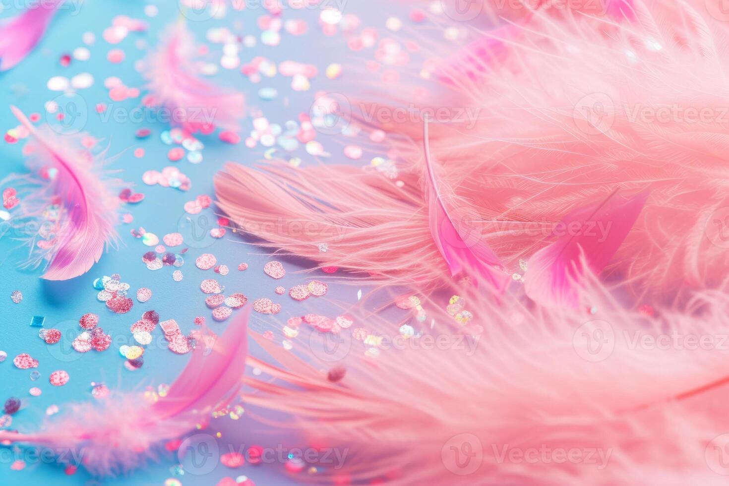 AI generated Soft pastel background with shiny sequins and feathers. Generative AI photo