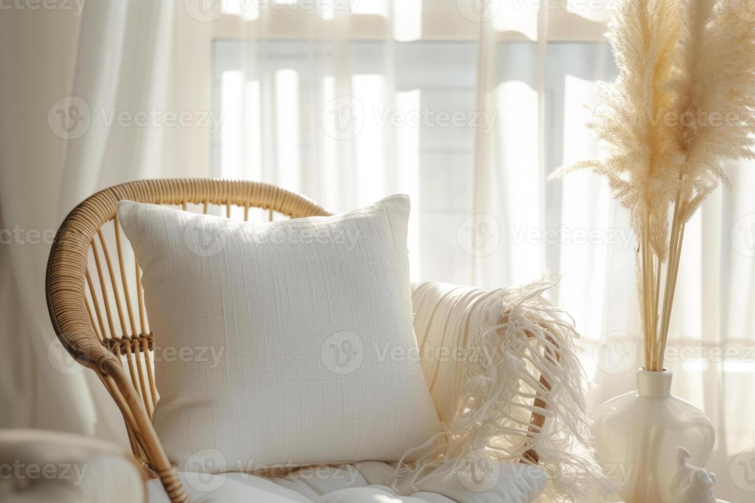 AI generated Rattan chair with white cushion in bohemian style living room. Generative AI photo