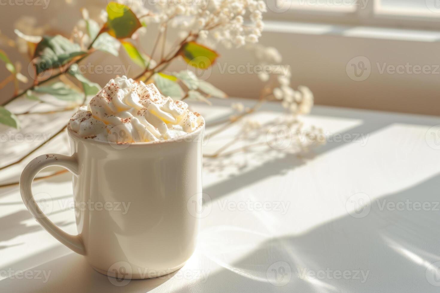 AI generated Mockup of white ceramic mug with hot chocolate and whipped cream. Generative AI photo