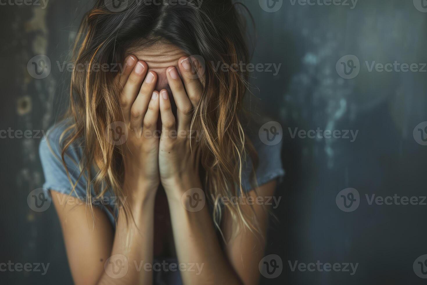 AI generated Stressed and depressed woman covering his face with hands. Dramatic concept. Generative AI photo