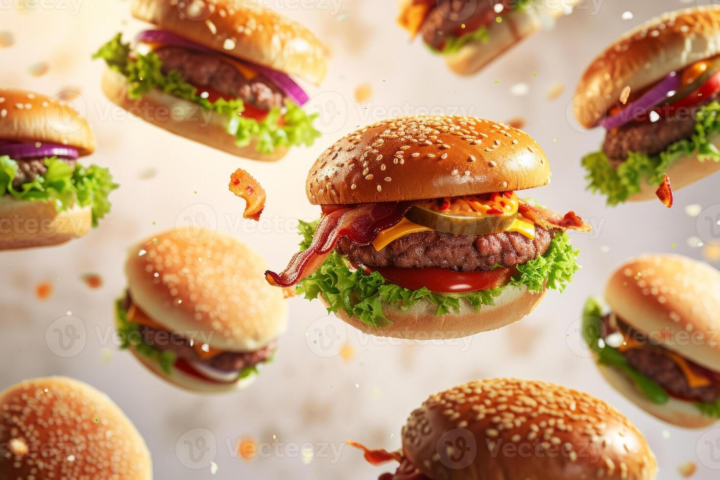AI generated Hamburgers falling in the air on light background. Generative AI photo