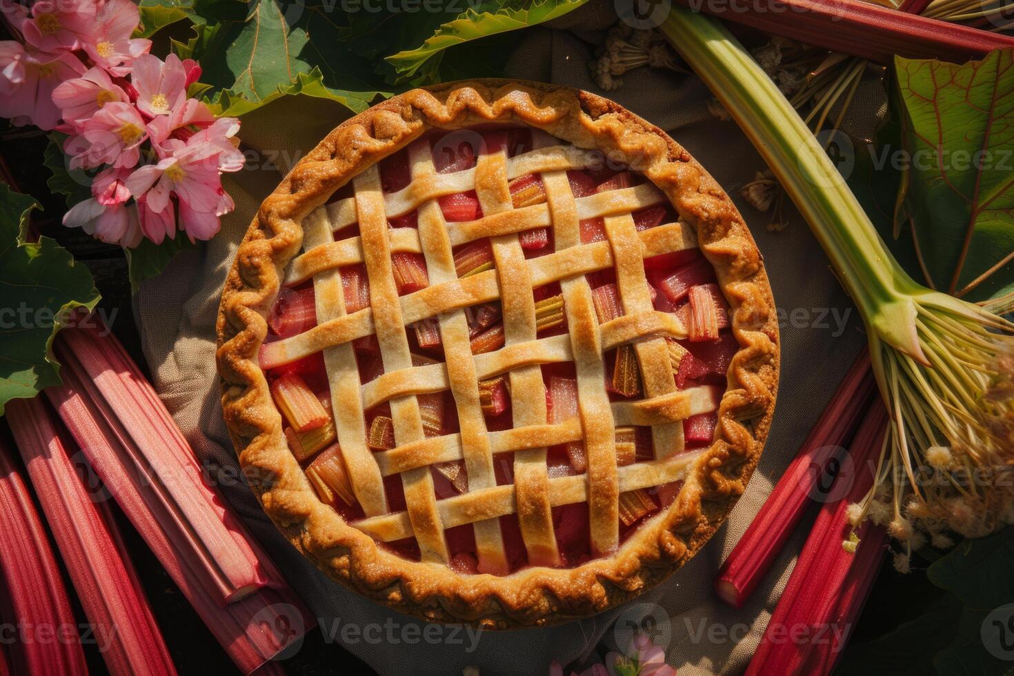 AI generated Rhubarb pie surrounded by fresh rhubarb stalks. Generative AI photo