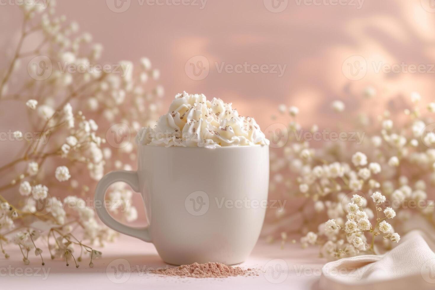 AI generated Mockup of white ceramic mug with hot chocolate and whipped cream. Generative AI photo