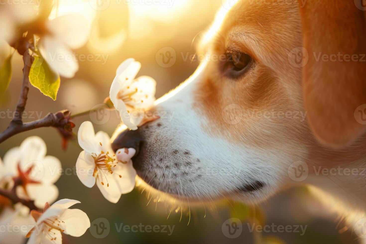 AI generated Closeup of a dog sniffing a spring blossom. Dog smelling flower. Generative AI photo