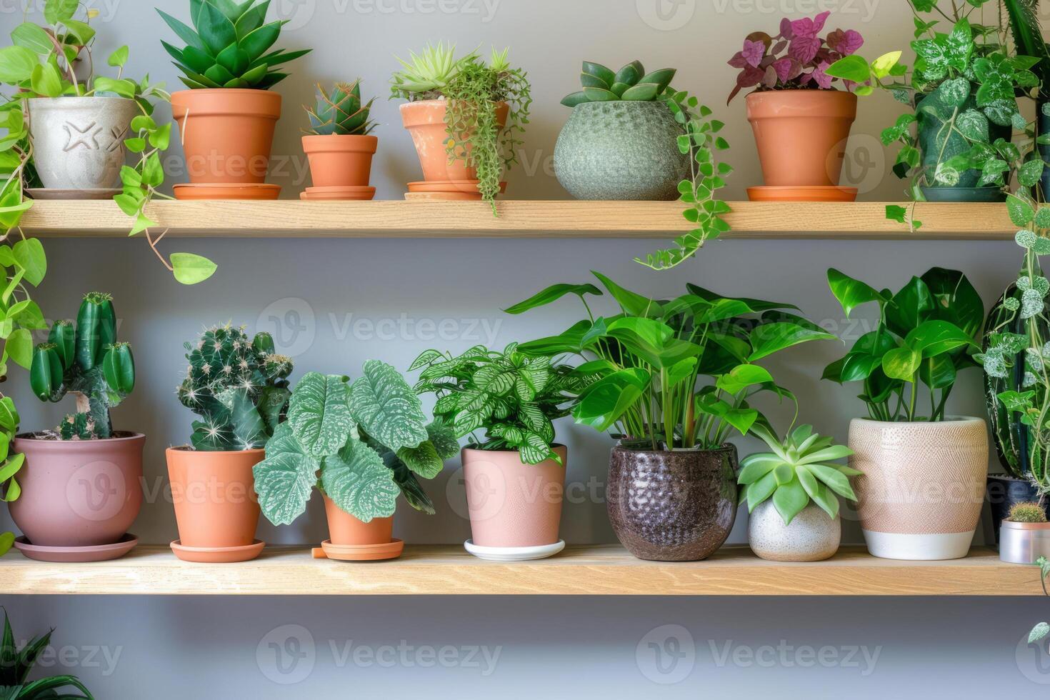 AI generated Shelf filled with potted plants. Home decor and tree lover concept. Generative AI photo