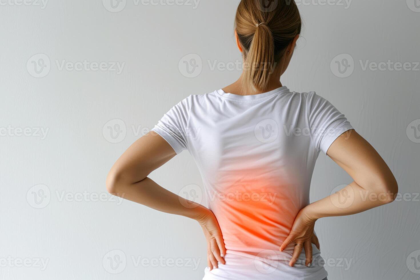 AI generated Woman suffering from pain in back. Rear view of a woman holding his back in pain. Generative AI photo