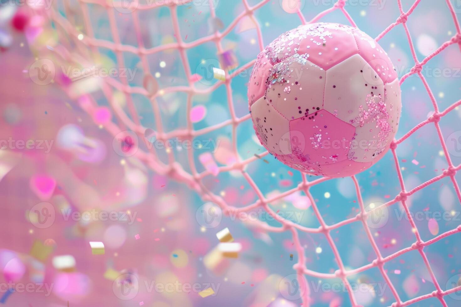 ai generado rosado fútbol pelota golpeado dentro el objetivo red con espumoso papel picado y Brillantina. generativo ai foto