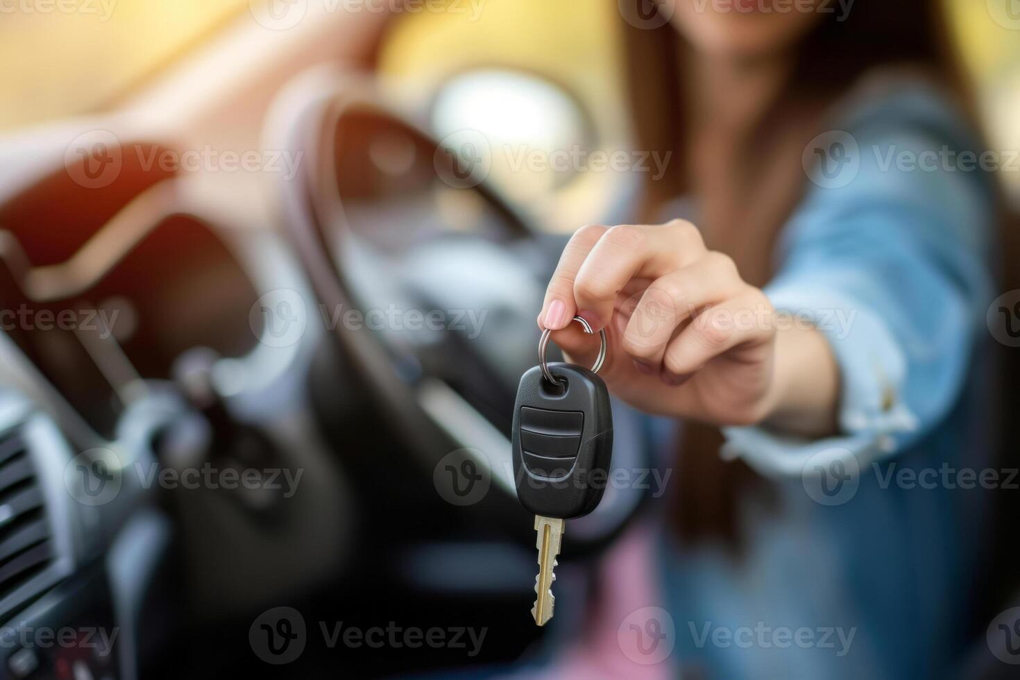 AI generated Happy woman driver hold car keys in her new car. Generative AI photo