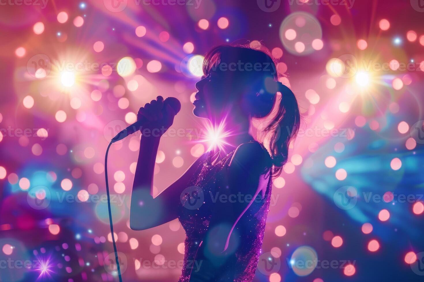 AI generated Female singer singing into a microphone. Colorful bokeh lights on background. Generative AI photo