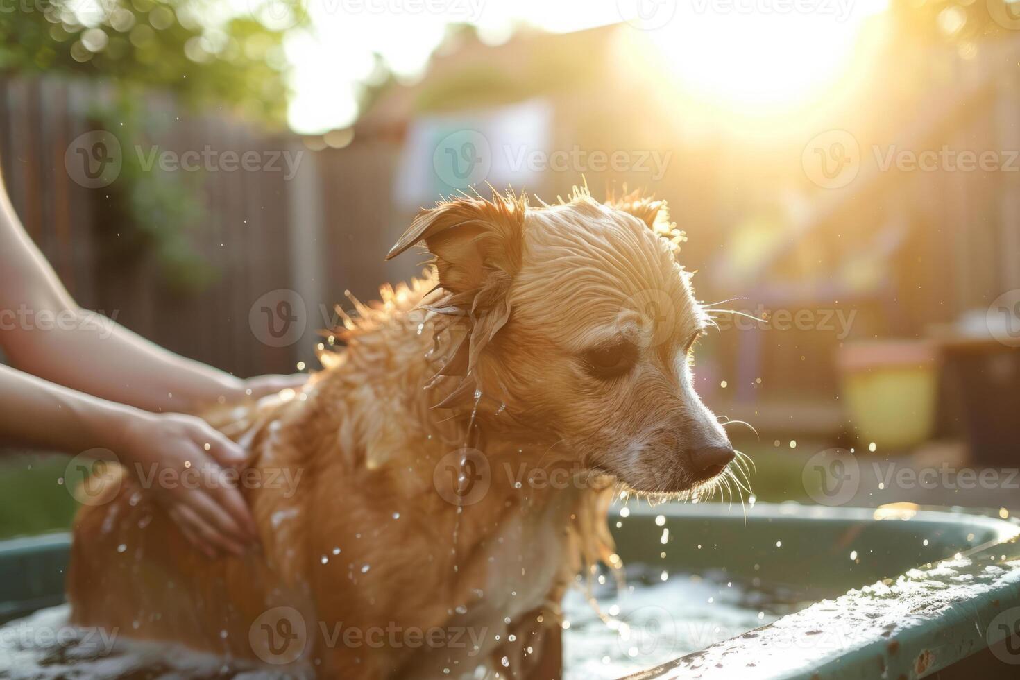 AI generated Dog taking a bath in the backyard. Generative AI photo