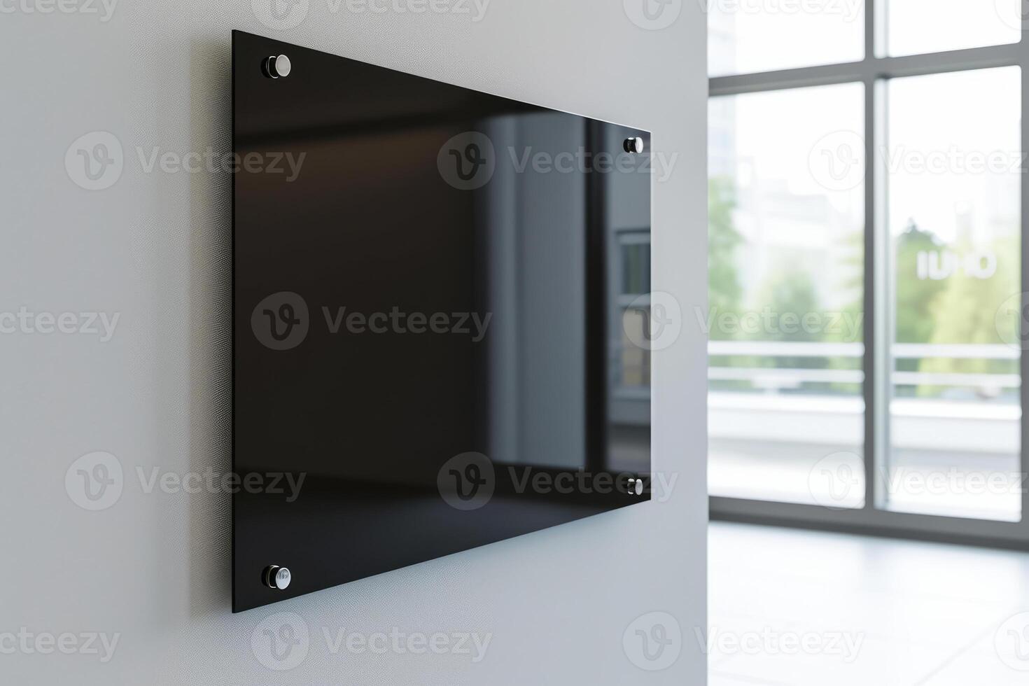 AI generated Blank black glass signboard on wall mockup. Empty hanging plexiglass name plate mockup. Clear dark namesign on wall for corporate or store. Generative AI photo