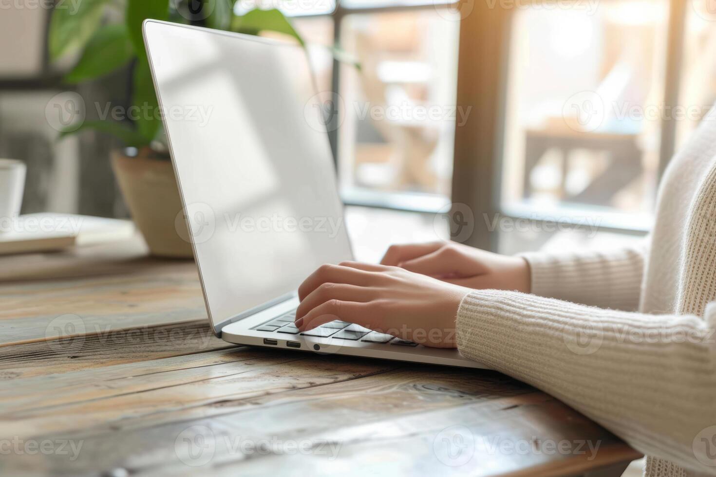 AI generated Side view of woman's hands typing on a laptop. Generative AI photo