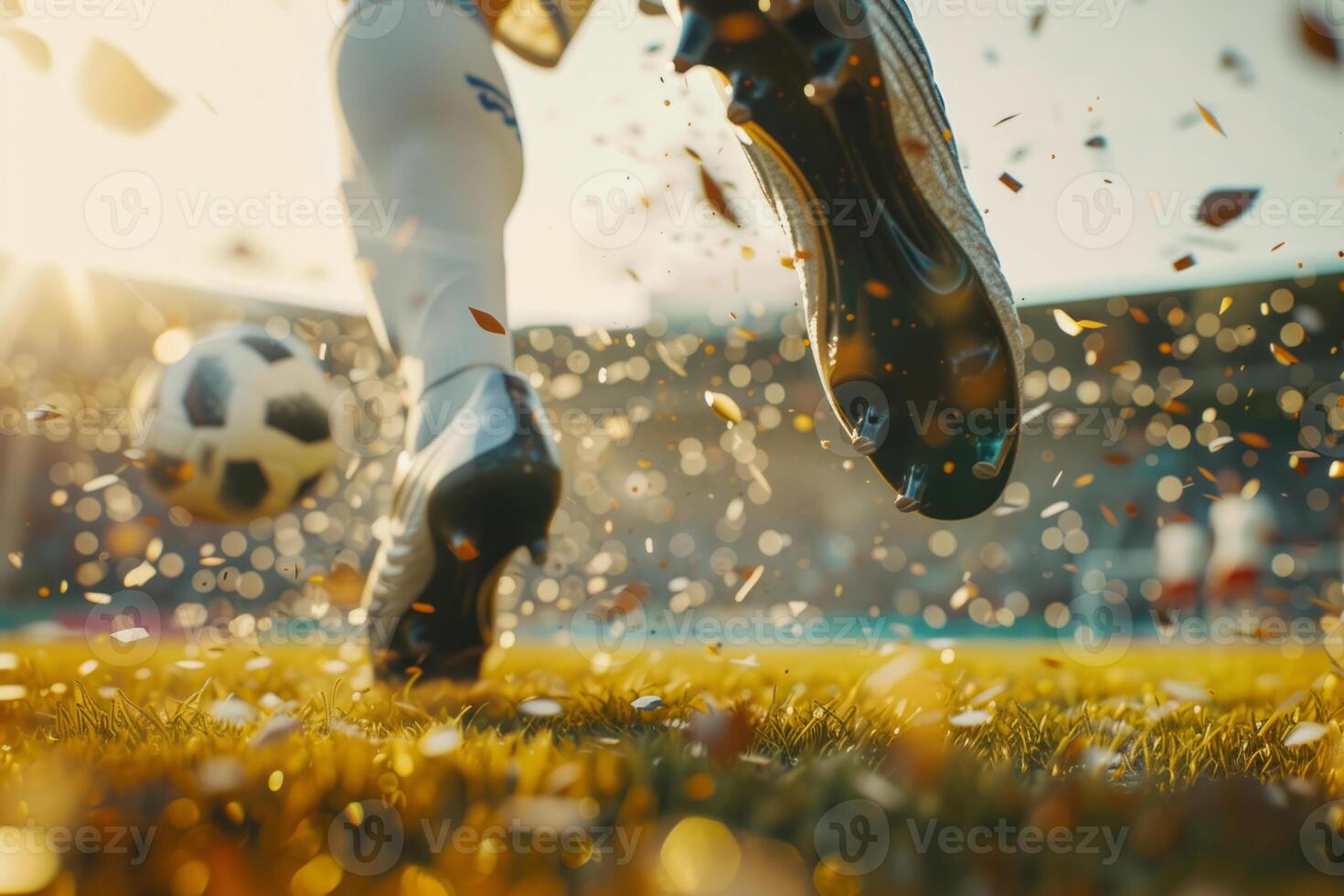 AI generated Football player kicking the ball towards the goal in the stadium. Generative AI photo