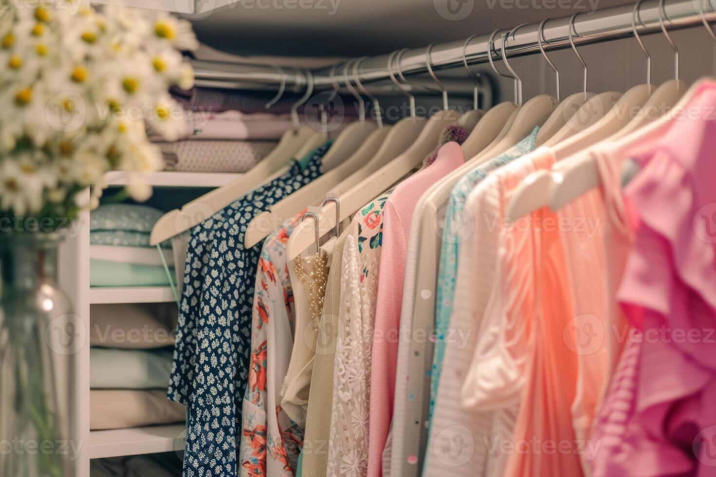 AI generated Organized closet with spring fashion clothes. Big wardrobe with different clothes. Generative AI photo