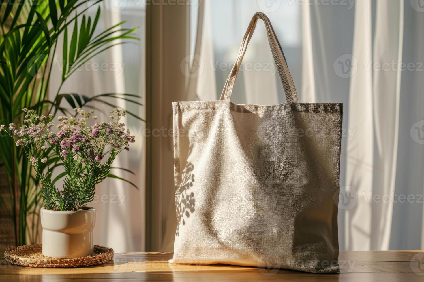 AI generated Blank canvas tote mockup on a table with a decorative plant. Generative AI photo