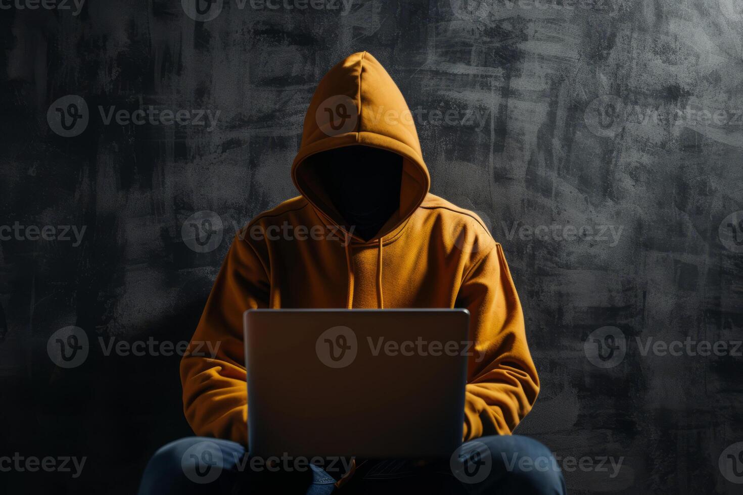 AI generated Computer hacker in hoodie with obscured face. Hacker attack, dark web and cyber security concept. Generative AI photo