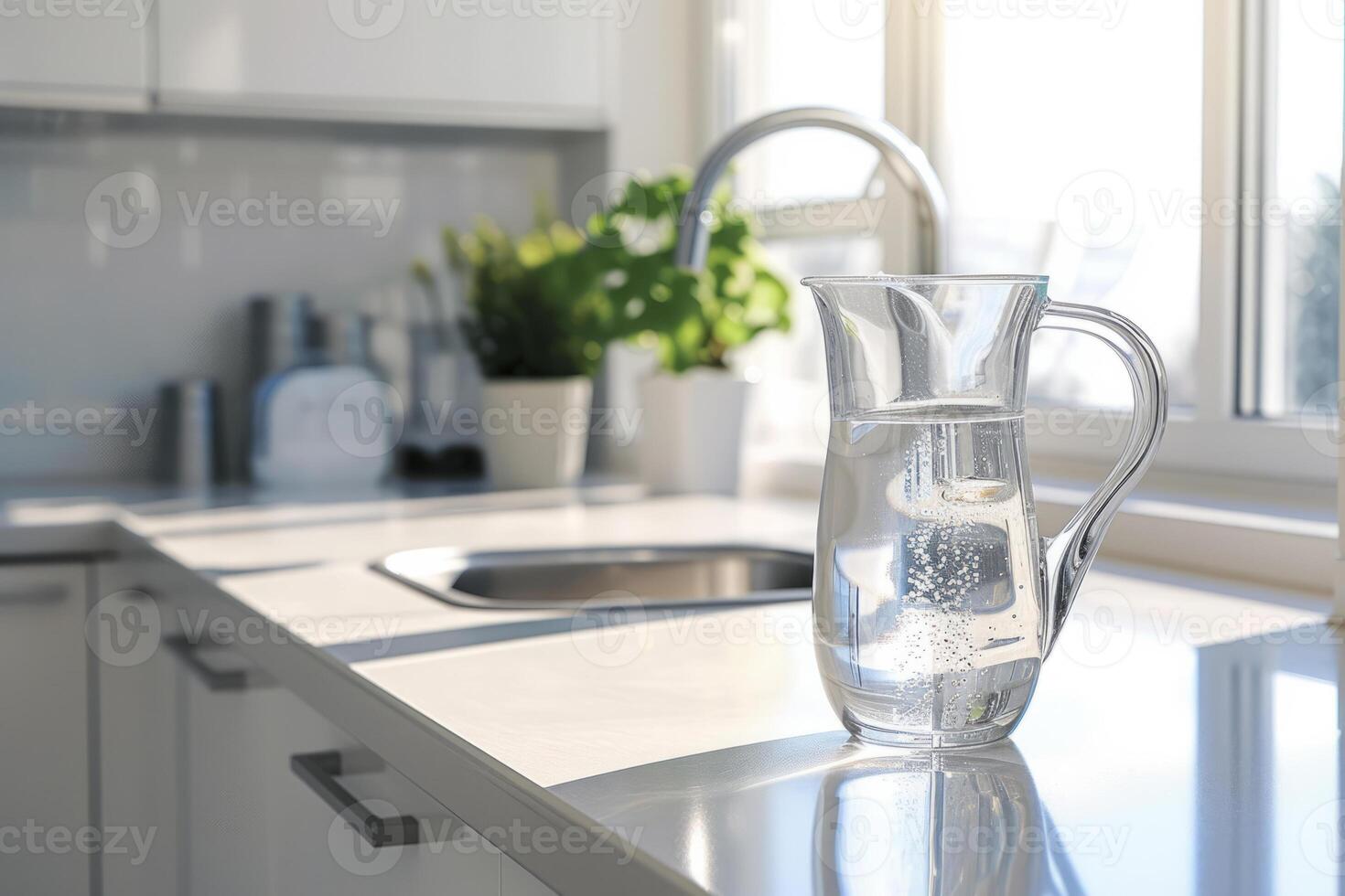 AI generated Glass decanter filled with clean drinking water in a modern kitchen. Generative AI photo