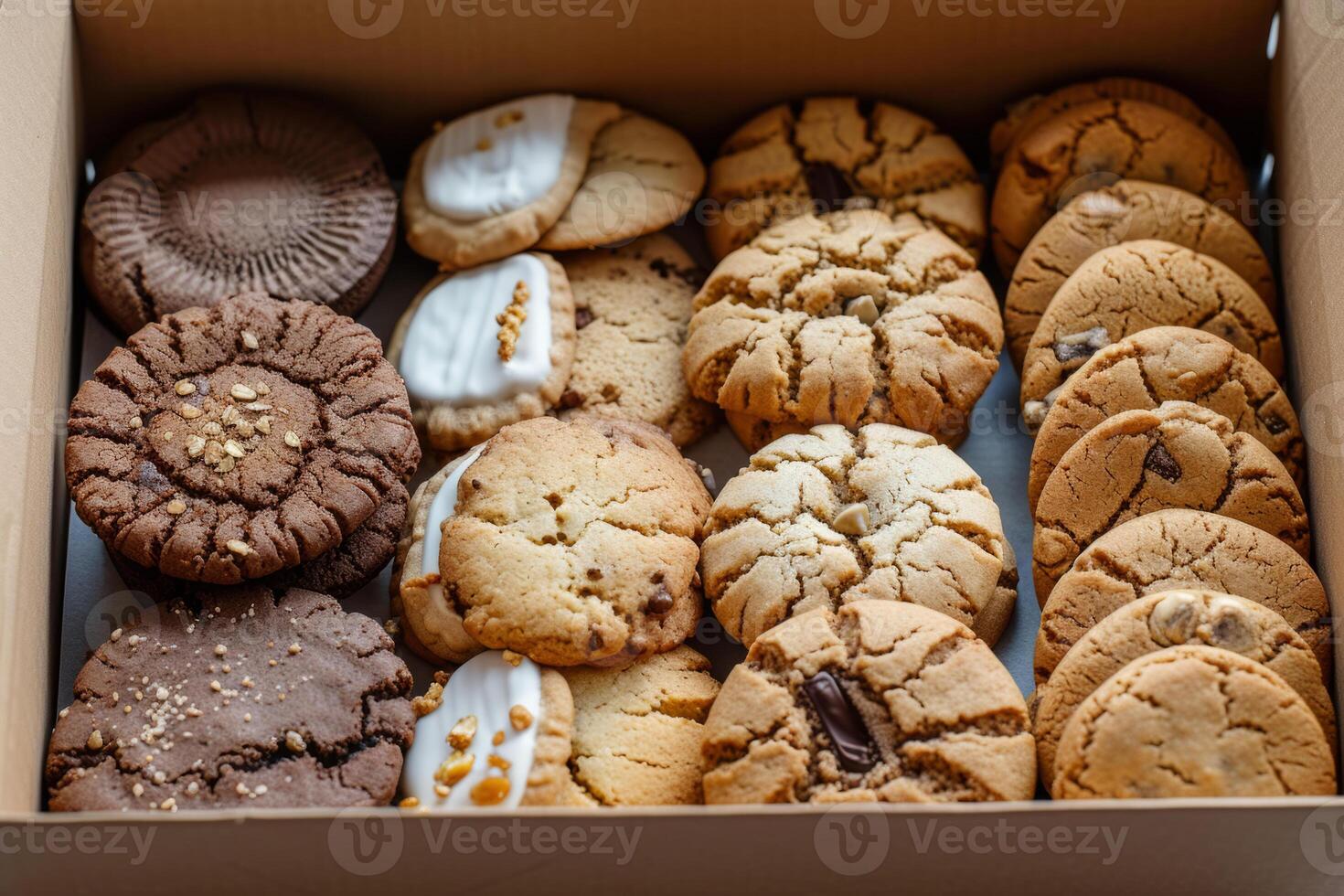 AI generated Box of assorted healthy cookies freshly baked and packed to go. Generative AI photo