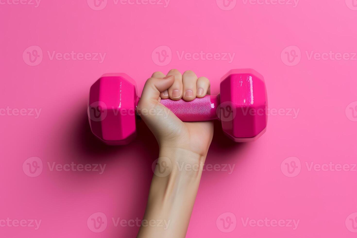 AI generated Woman's hand holding straight a bright pink dumbbell. Generative AI photo