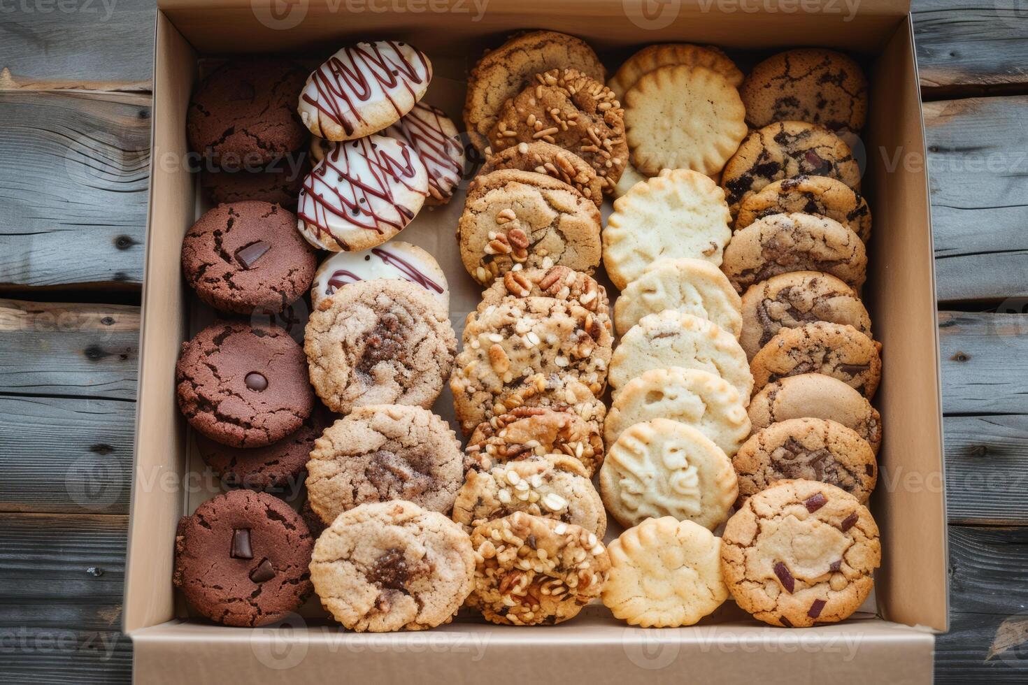 AI generated Box of assorted healthy cookies freshly baked and packed to go. Generative AI photo