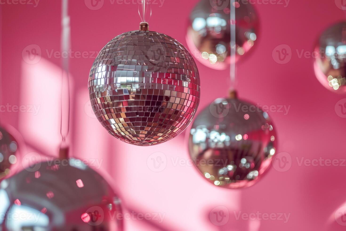 AI generated Shiny disco balls hanging on a pink background,. Generative AI photo