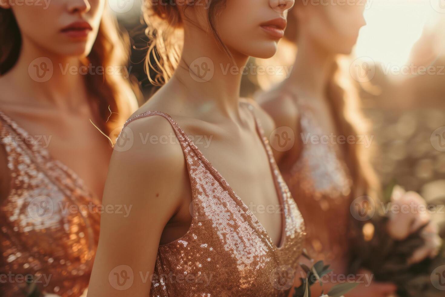 AI generated Closeup of bridesmaids in bright sequin dresses at wedding ceremony. Generative AI photo