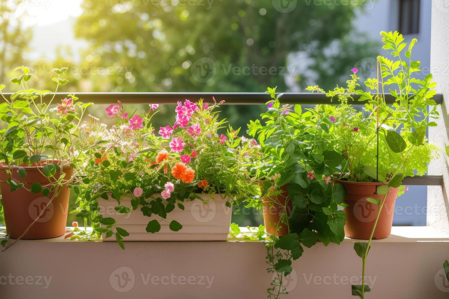 AI generated Small urban balcony garden with potted plants. Generative AI photo