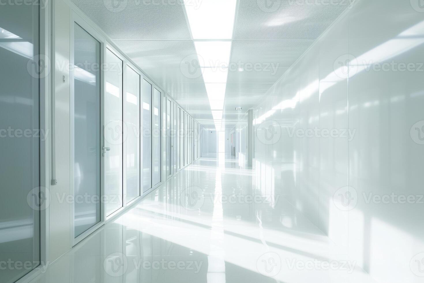 AI generated Long bright corridor in scientific laboratory building. Clean white hallway. Generative AI photo