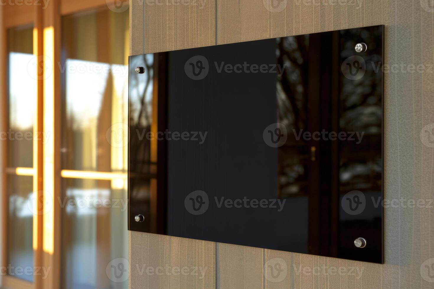 AI generated Blank black glass signboard on wall mockup. Empty hanging plexiglass name plate mockup. Clear dark namesign on wall for corporate or store. Generative AI photo