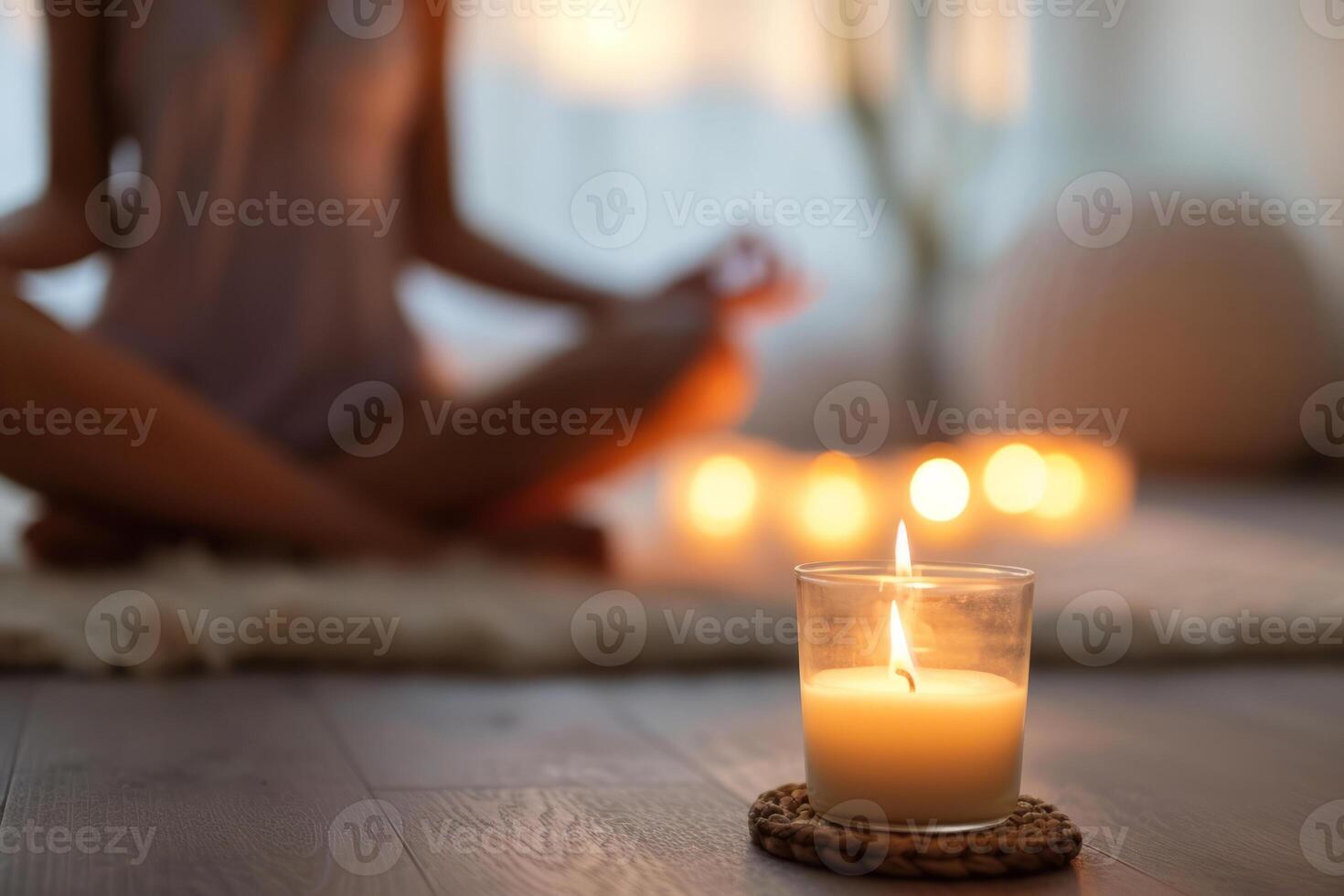 AI generated Woman practicing meditation in the blurred background with front view of a scented candle. Generative AI photo