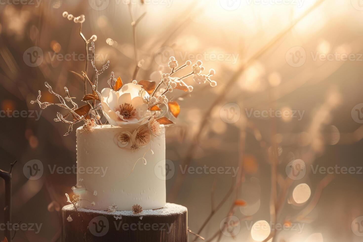 AI generated Designer cake decorated with flower on sunny background. Generative AI photo