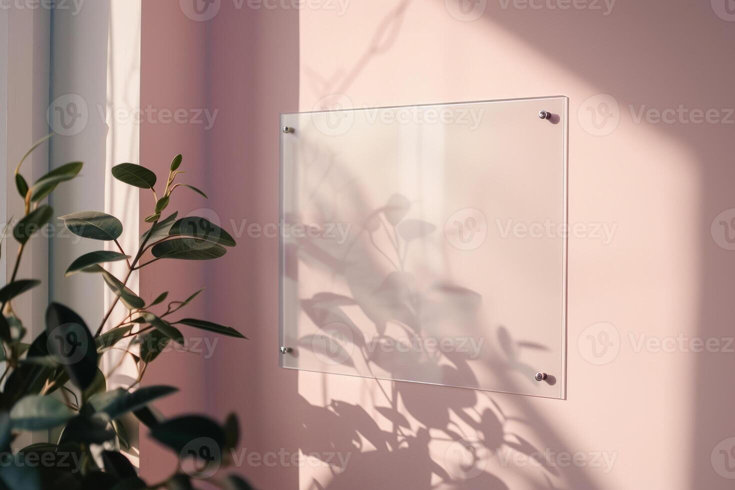 AI generated Blank transparent glass signboard on wall mockup. Empty hanging plexiglass name plate mockup. Clear namesign on wall for corporate or store. Generative AI illustration. Generative AI photo