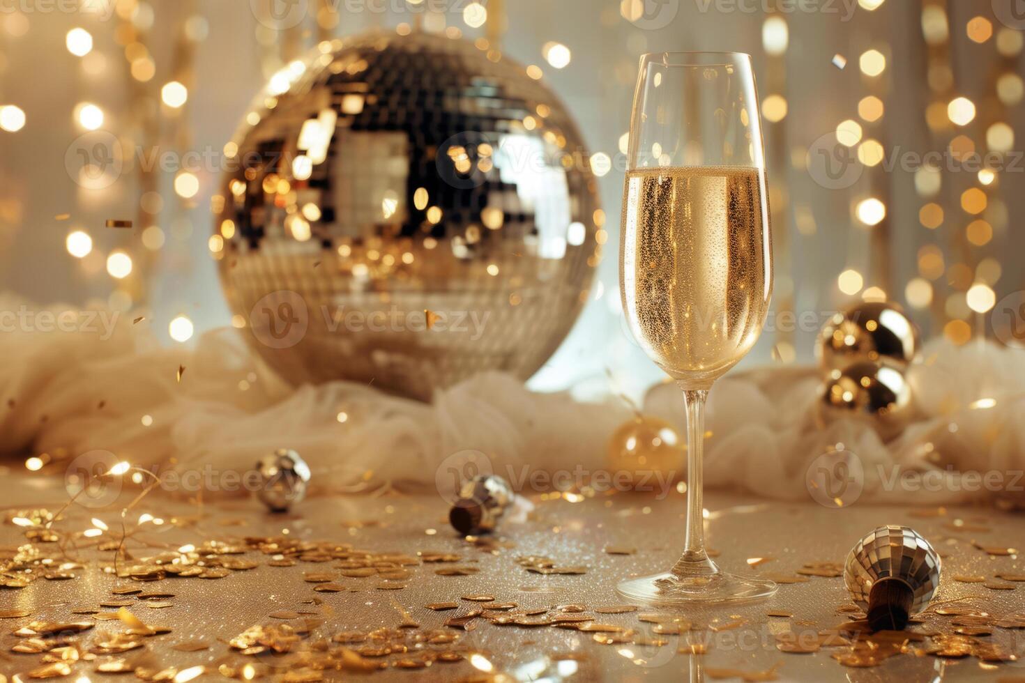 AI generated Festive party composition with glasses of champagne, confetti, gold decorations and disco ball. Generative AI photo