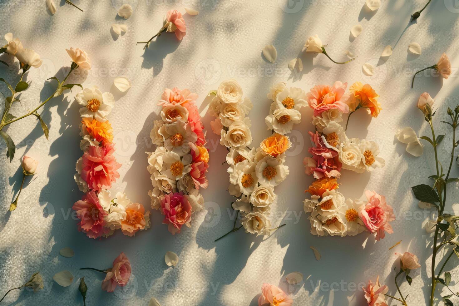 ai generado letras amor hecho de flores en pastel colores. generativo ai foto